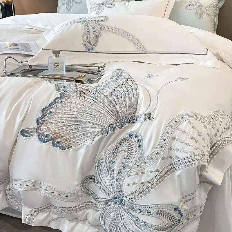 KIMLUD, White Egypt Cotton Luxury Butterfly Embroidery Bedding Set Duvet Cover Bed Linen Sheet Pillowcase Double King Size Quilt Covers, KIMLUD Womens Clothes