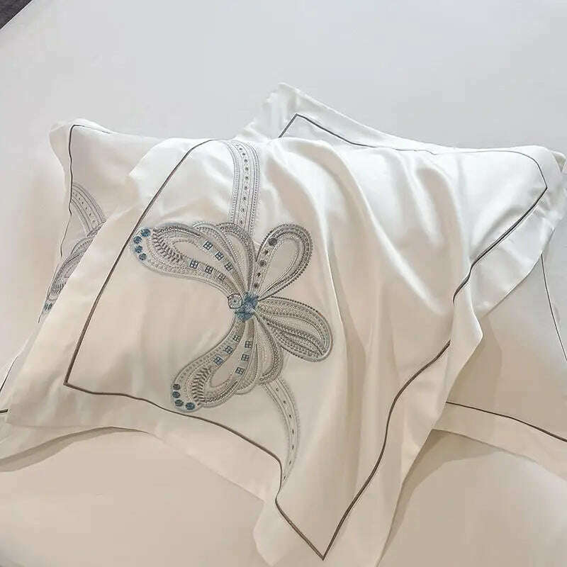 KIMLUD, White Egypt Cotton Luxury Butterfly Embroidery Bedding Set Duvet Cover Bed Linen Sheet Pillowcase Double King Size Quilt Covers, KIMLUD Women's Clothes