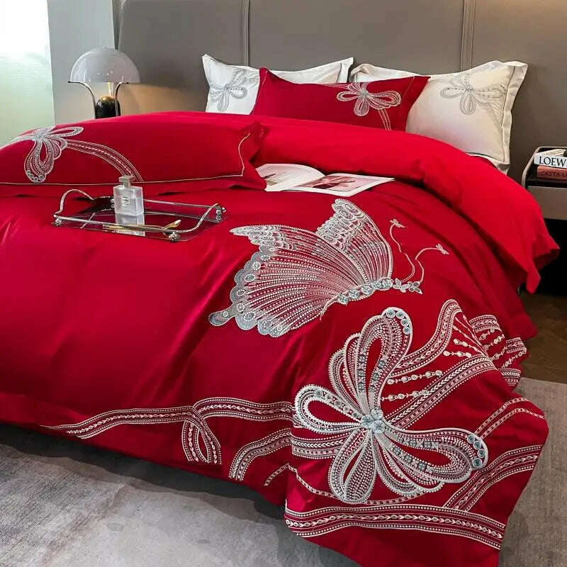 KIMLUD, White Egypt Cotton Luxury Butterfly Embroidery Bedding Set Duvet Cover Bed Linen Sheet Pillowcase Double King Size Quilt Covers, Red / Queen Size 4pcs / Flat Bed Sheet, KIMLUD APPAREL - Womens Clothes