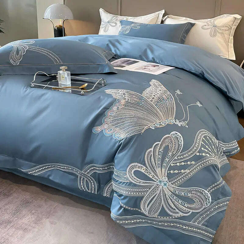 KIMLUD, White Egypt Cotton Luxury Butterfly Embroidery Bedding Set Duvet Cover Bed Linen Sheet Pillowcase Double King Size Quilt Covers, Blue / Queen Size 4pcs / Flat Bed Sheet, KIMLUD APPAREL - Womens Clothes