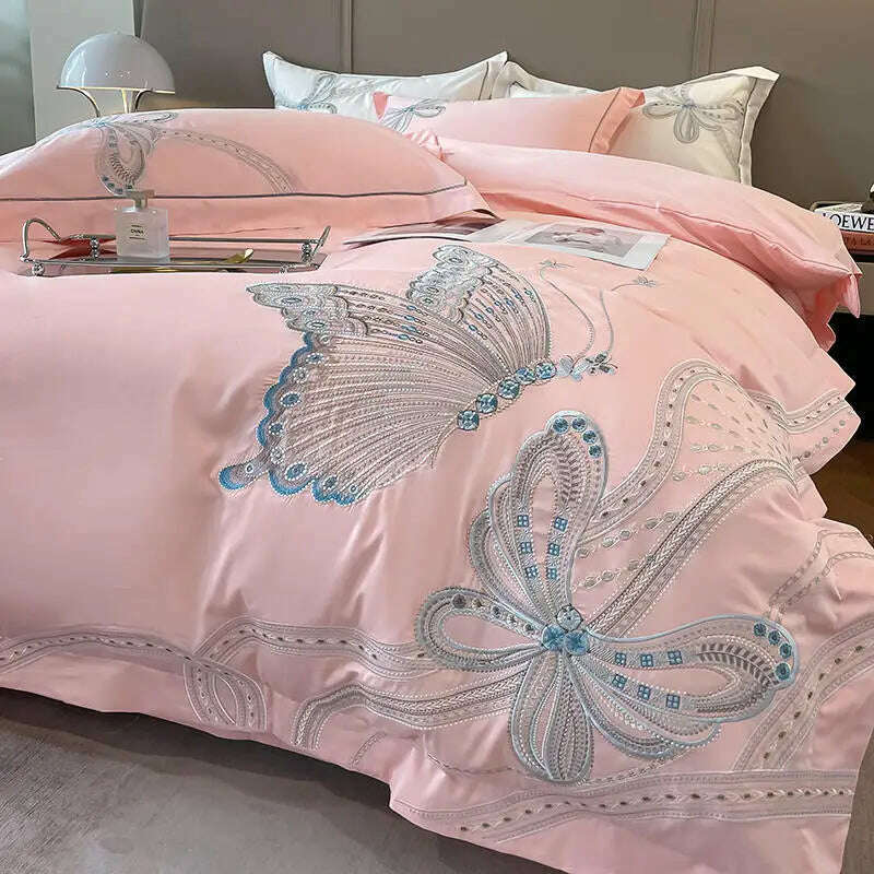 KIMLUD, White Egypt Cotton Luxury Butterfly Embroidery Bedding Set Duvet Cover Bed Linen Sheet Pillowcase Double King Size Quilt Covers, Pink / Queen Size 4pcs / Flat Bed Sheet, KIMLUD Womens Clothes