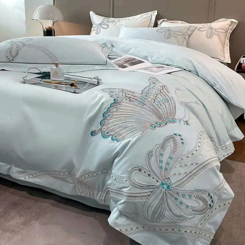 KIMLUD, White Egypt Cotton Luxury Butterfly Embroidery Bedding Set Duvet Cover Bed Linen Sheet Pillowcase Double King Size Quilt Covers, Sky Blue / Queen Size 4pcs / Flat Bed Sheet, KIMLUD APPAREL - Womens Clothes