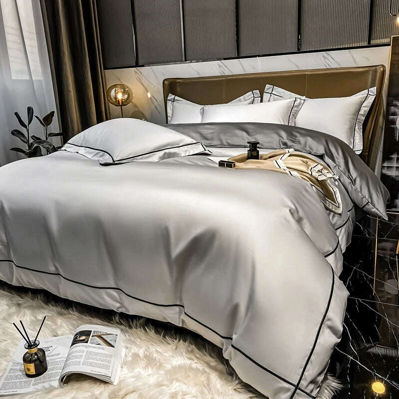 White Egyptian Cotton Bedding Sets Queen King Size Embroidery Duvet Cover Flat/Fitted Sheet Bed Linen Hotel Style Home Textiles - KIMLUD