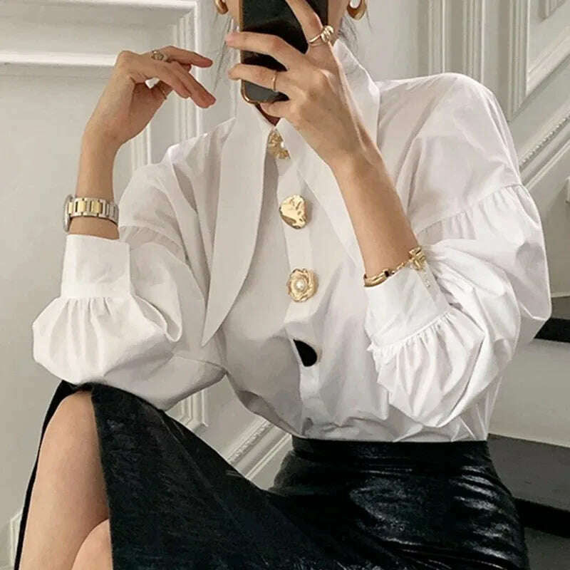 KIMLUD, White Elegant Pearl Women Shirts Korean Sharp Corner Collar Loose Long Sleeve Ladies Blouse Y2k Fashion New Chic Female Tops, KIMLUD Womens Clothes