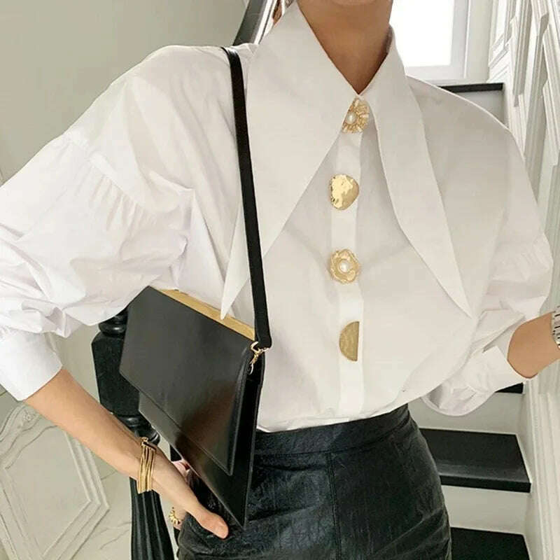 KIMLUD, White Elegant Pearl Women Shirts Korean Sharp Corner Collar Loose Long Sleeve Ladies Blouse Y2k Fashion New Chic Female Tops, KIMLUD Womens Clothes