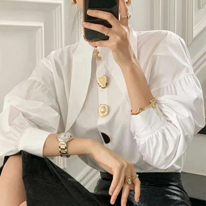 KIMLUD, White Elegant Pearl Women Shirts Korean Sharp Corner Collar Loose Long Sleeve Ladies Blouse Y2k Fashion New Chic Female Tops, KIMLUD Womens Clothes