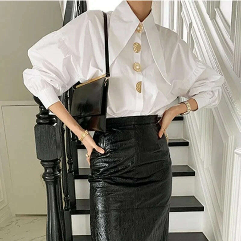 KIMLUD, White Elegant Pearl Women Shirts Korean Sharp Corner Collar Loose Long Sleeve Ladies Blouse Y2k Fashion New Chic Female Tops, KIMLUD Womens Clothes