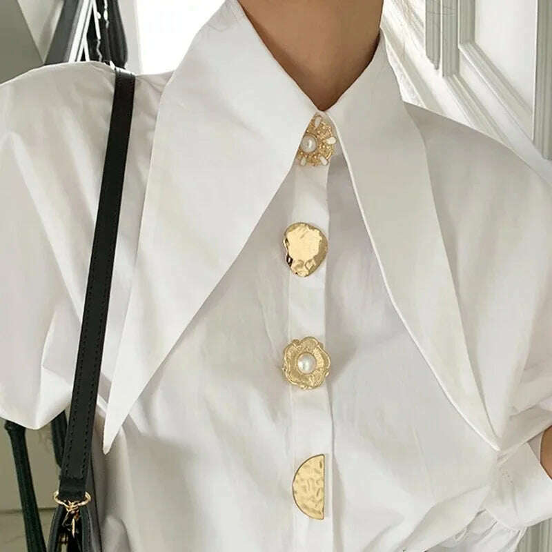 KIMLUD, White Elegant Pearl Women Shirts Korean Sharp Corner Collar Loose Long Sleeve Ladies Blouse Y2k Fashion New Chic Female Tops, KIMLUD Womens Clothes