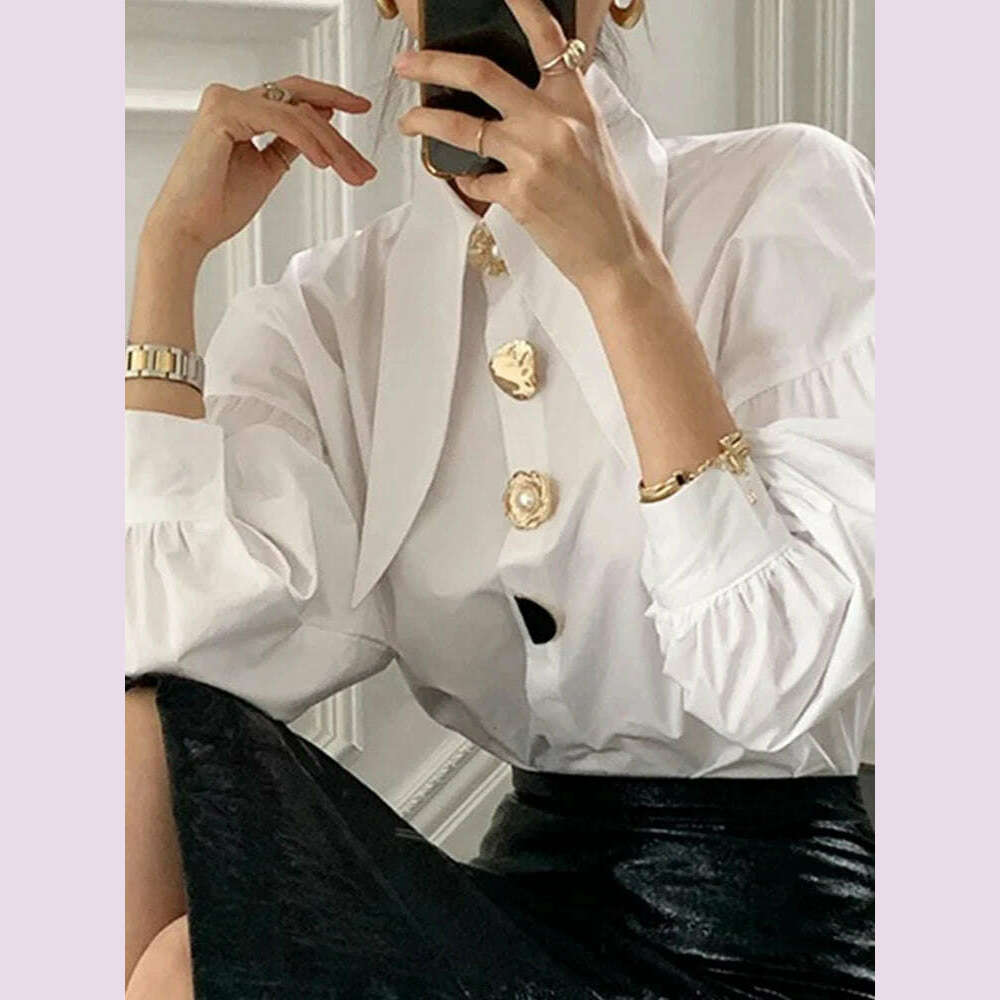 KIMLUD, White Elegant Pearl Women Shirts Korean Sharp Corner Collar Loose Long Sleeve Ladies Blouse Y2k Fashion New Chic Female Tops, white / XXXL, KIMLUD APPAREL - Womens Clothes