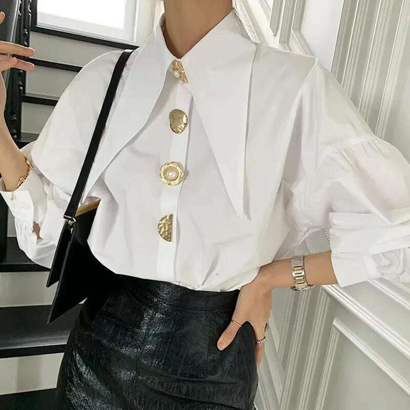 KIMLUD, White Elegant Pearl Women Shirts Korean Sharp Corner Collar Loose Long Sleeve Ladies Blouse Y2k Fashion New Chic Female Tops, KIMLUD Womens Clothes