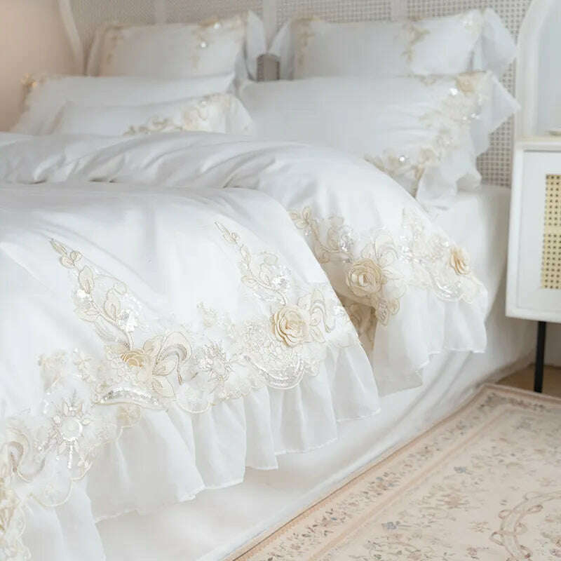 KIMLUD, White Lace Embroidery Bedding Set Korean Style Princess Wedding Bedclothes Solid Color Duvet Cover Bed Sheet Pillowcases Cotton, KIMLUD Womens Clothes