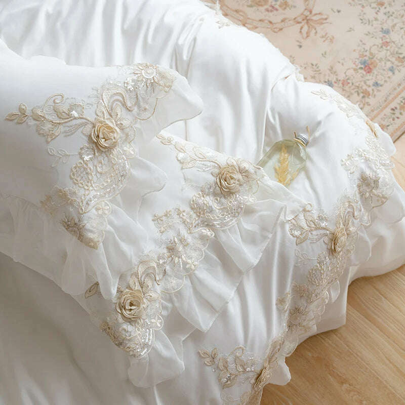KIMLUD, White Lace Embroidery Bedding Set Korean Style Princess Wedding Bedclothes Solid Color Duvet Cover Bed Sheet Pillowcases Cotton, KIMLUD Womens Clothes