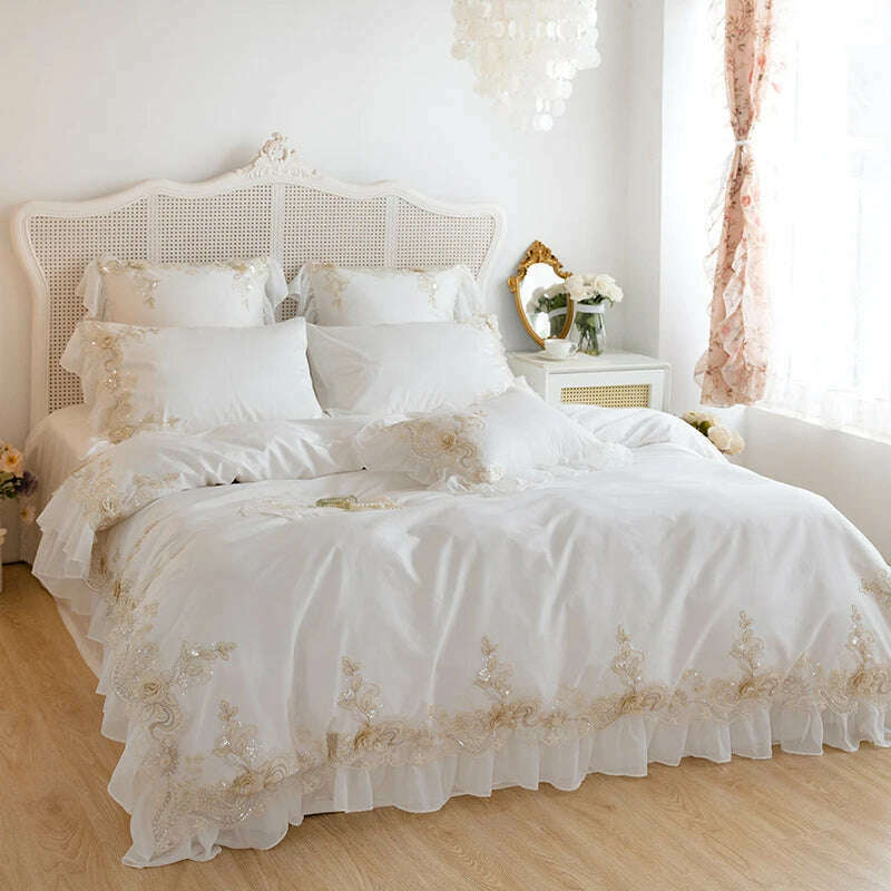 KIMLUD, White Lace Embroidery Bedding Set Korean Style Princess Wedding Bedclothes Solid Color Duvet Cover Bed Sheet Pillowcases Cotton, White / Queen size 4pcs / Flat Sheet Style, KIMLUD Womens Clothes
