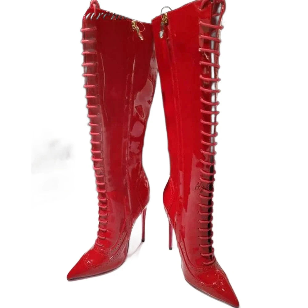 White Lace up Patent Leathe Knee High Boots Women Black Pointed Toe Stiletto Pink Sole Heels Boot Big Size Designer Shoes - KIMLUD