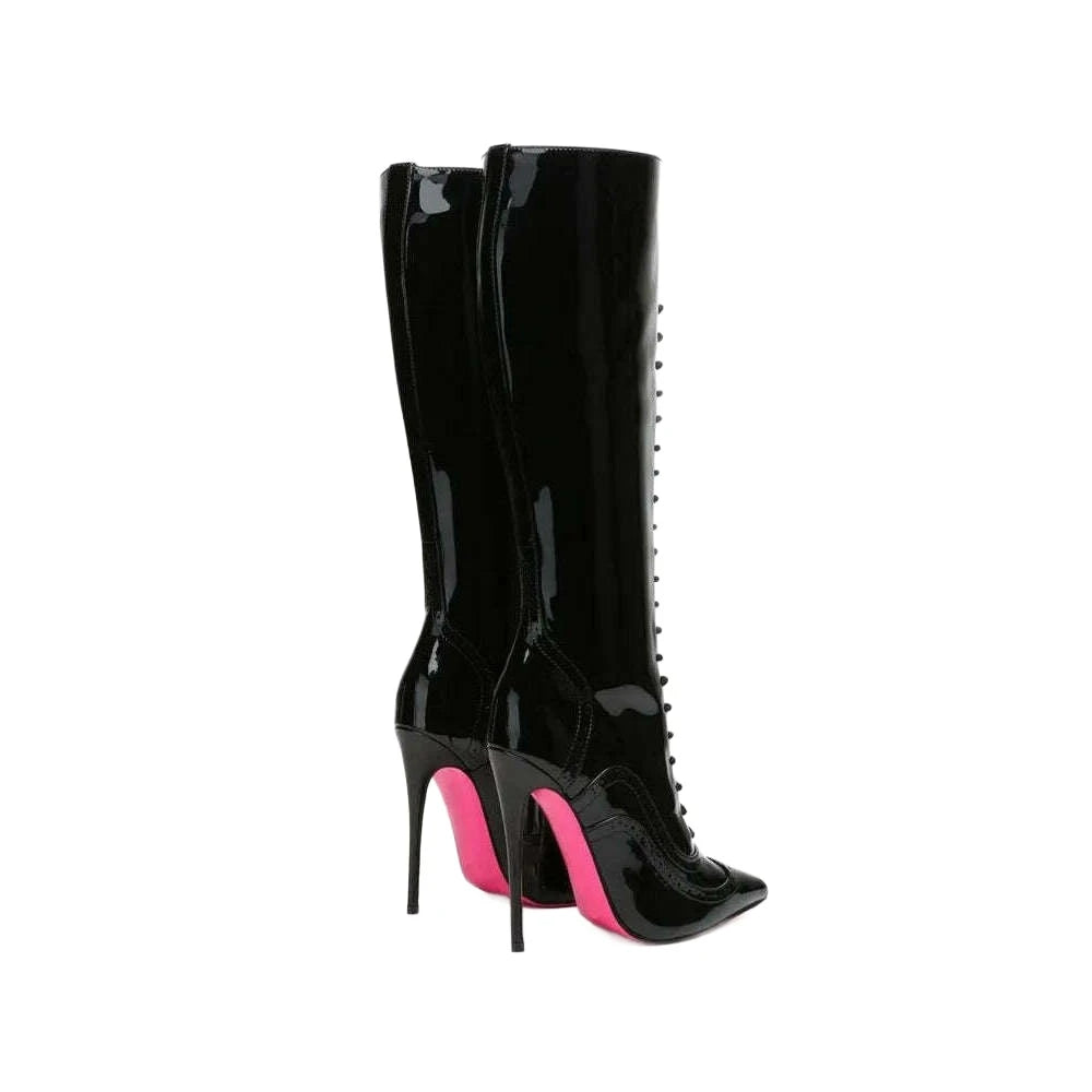 White Lace up Patent Leathe Knee High Boots Women Black Pointed Toe Stiletto Pink Sole Heels Boot Big Size Designer Shoes - KIMLUD