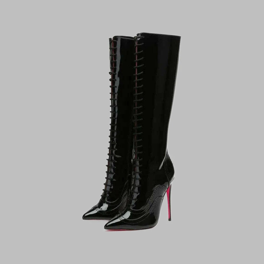 White Lace up Patent Leathe Knee High Boots Women Black Pointed Toe Stiletto Pink Sole Heels Boot Big Size Designer Shoes - KIMLUD