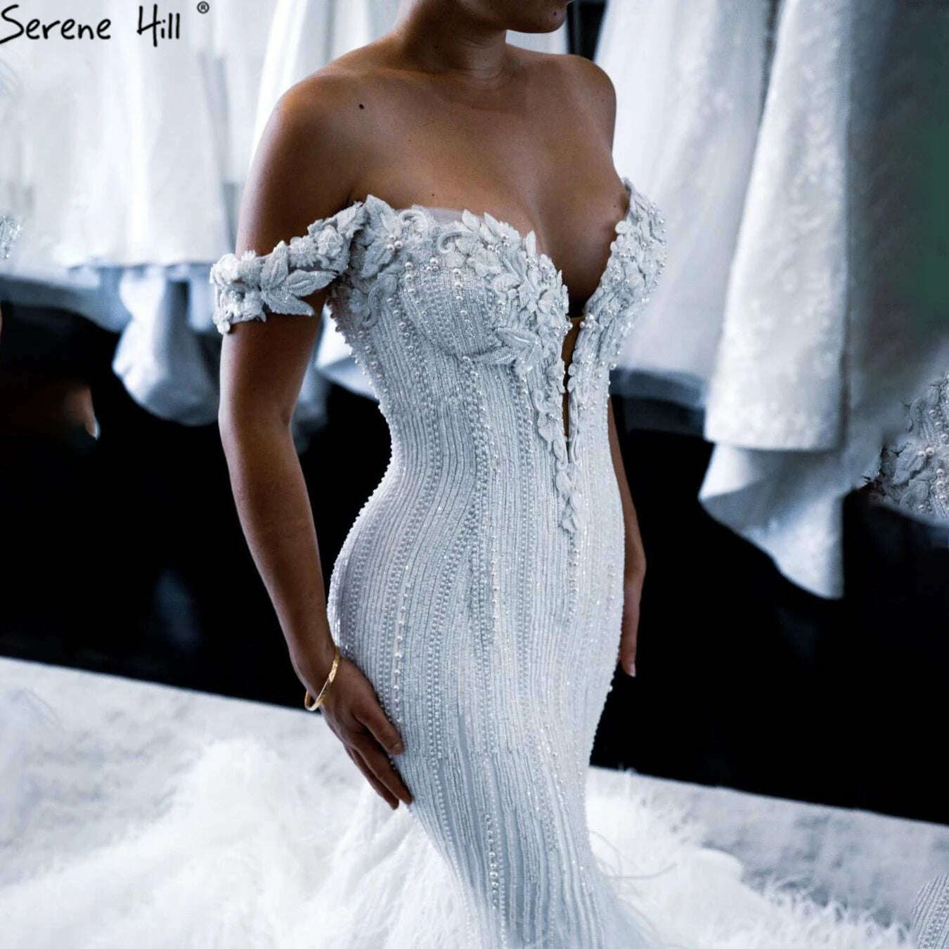 KIMLUD, White Mermaid Luxury Sexy Wedding Dresses 2023 Pearls Feathers Elegant Bridal Gowns BLA70899 Custom Made Serene Hill, KIMLUD Women's Clothes