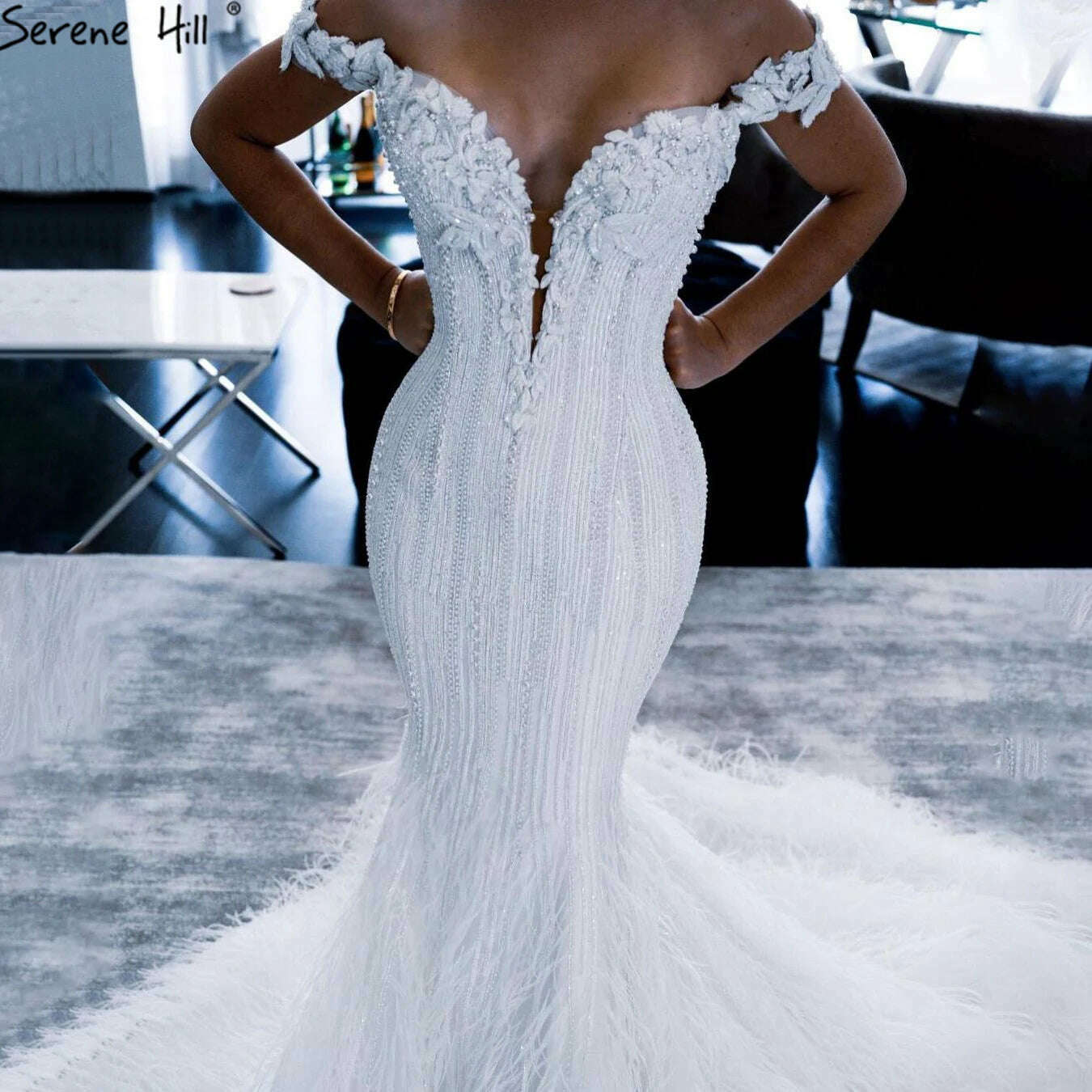 KIMLUD, White Mermaid Luxury Sexy Wedding Dresses 2023 Pearls Feathers Elegant Bridal Gowns BLA70899 Custom Made Serene Hill, KIMLUD Womens Clothes