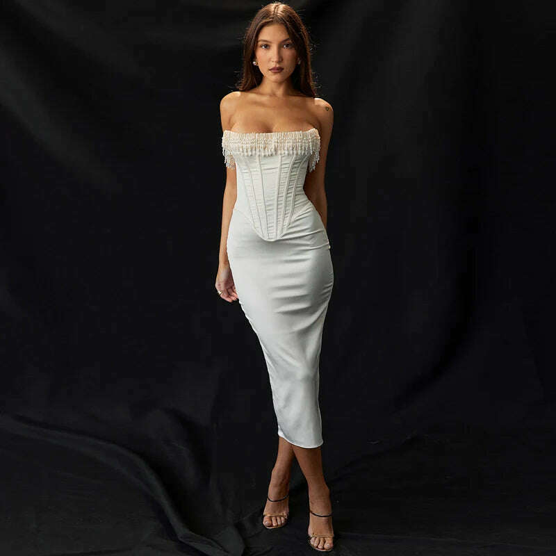 KIMLUD, White Satin Strapless Midi Dress With Tassels Criss Cross Bandage Backless Bodycon Dress Luxury Evening Dresses 2024, KIMLUD Women's Clothes