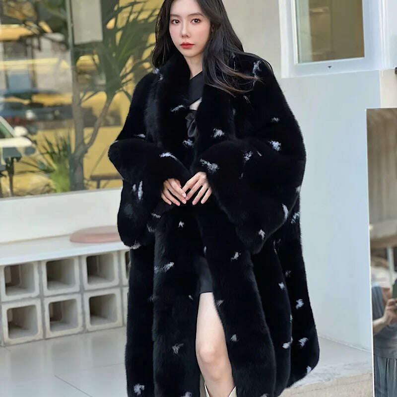 KIMLUD, White Spotted Fox Fur Flare sleeve Coats Women Winter Warm Outerwear High Quality Genuine Fox Fur Thick Fur Coat 2022 New, KIMLUD Women's Clothes