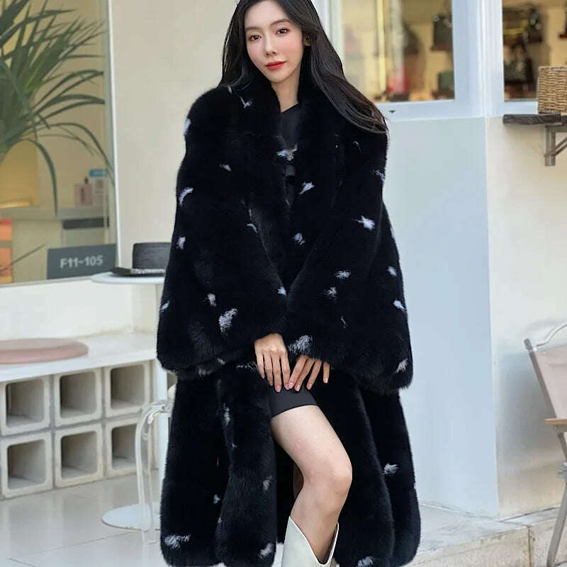 KIMLUD, White Spotted Fox Fur Flare sleeve Coats Women Winter Warm Outerwear High Quality Genuine Fox Fur Thick Fur Coat 2022 New, KIMLUD Womens Clothes