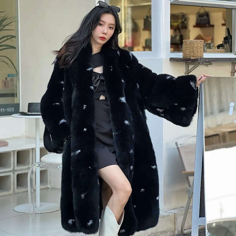 KIMLUD, White Spotted Fox Fur Flare sleeve Coats Women Winter Warm Outerwear High Quality Genuine Fox Fur Thick Fur Coat 2022 New, black / One Size / CHINA, KIMLUD Womens Clothes