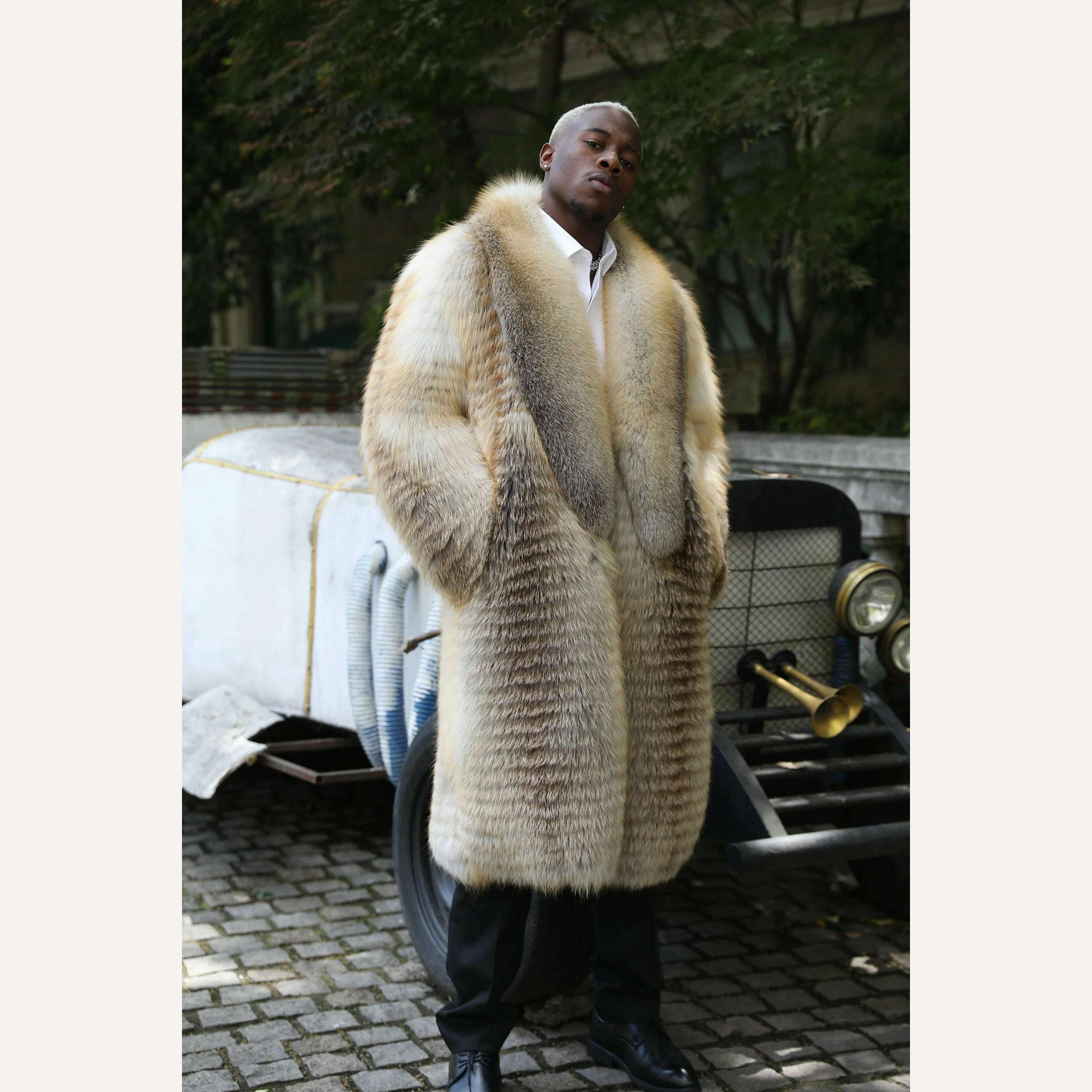 KIMLUD, Wholeskin Men Golden Fox Fur Long Coats Shawl Collar Winter Overcoats Genuine Natural Fox Furs Jacket, Golden fox fur / XS(88cm), KIMLUD Women's Clothes