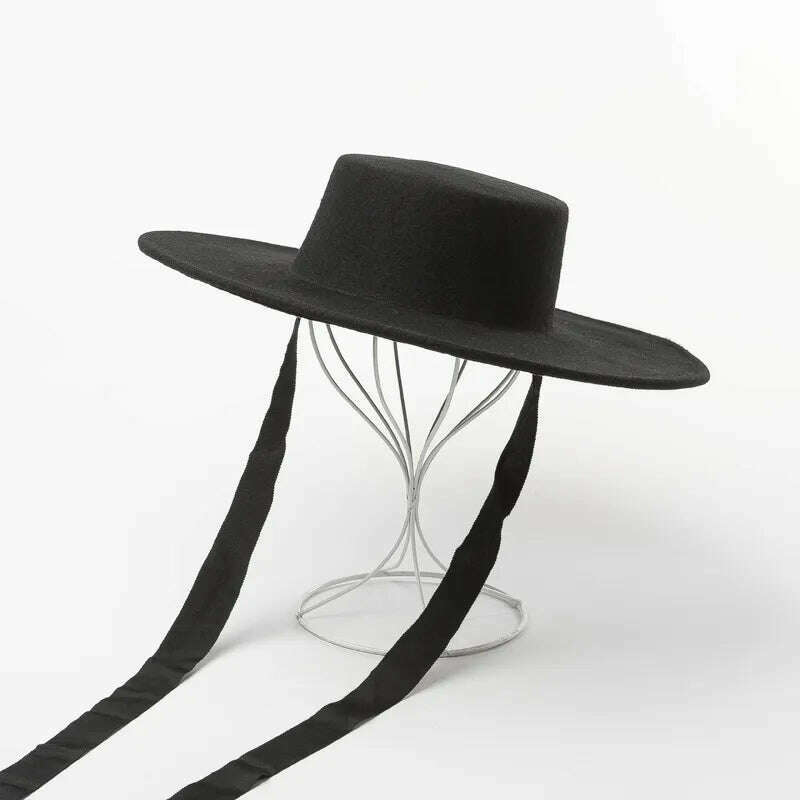 KIMLUD, Wide Brim Felt Hat Flat Top Winter Boater Hats for Women Men Ribbon Lace Up Hat Chin Strap Fashion Wool Hat Ladies Ourdoor Hat, KIMLUD Women's Clothes