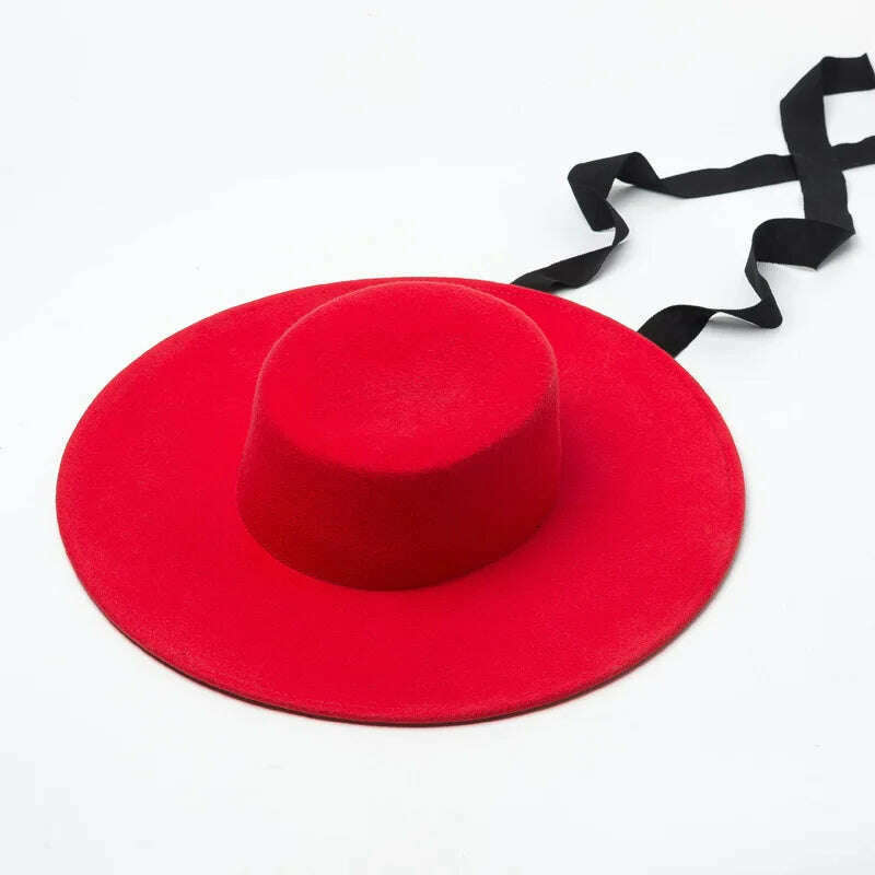 Wide Brim Felt Hat Flat Top Winter Boater Hats for Women Men Ribbon Lace Up Hat Chin Strap Fashion Wool Hat Ladies Ourdoor Hat - KIMLUD