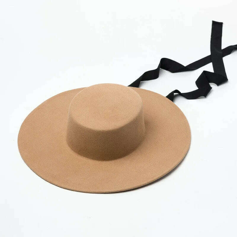 Wide Brim Felt Hat Flat Top Winter Boater Hats for Women Men Ribbon Lace Up Hat Chin Strap Fashion Wool Hat Ladies Ourdoor Hat - KIMLUD