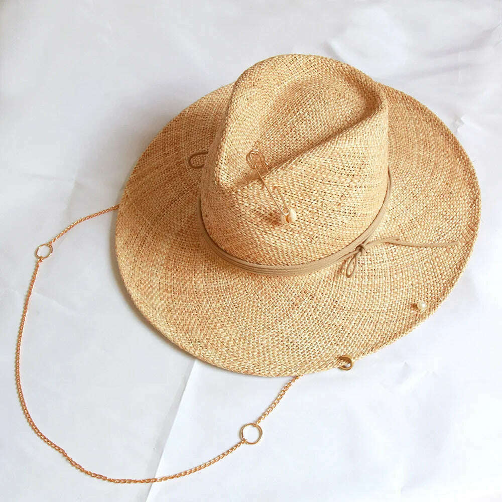 KIMLUD, Wide Brim Panama Hat Chain Straw Fedora Hats for Women Summer Beach Hat Vacation Band Pearls Shell Quality Designer Hat, style2, KIMLUD Womens Clothes