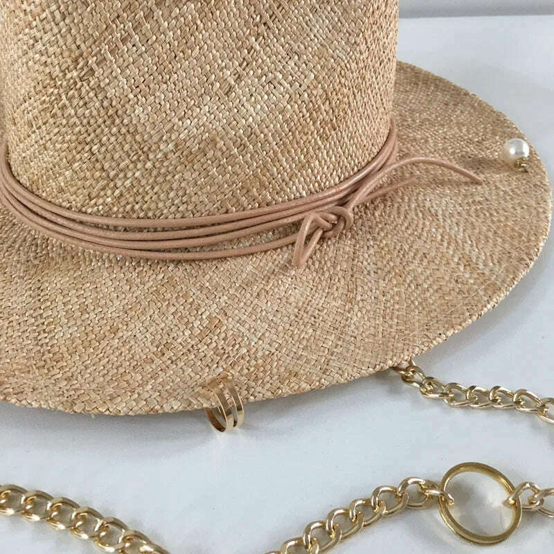 KIMLUD, Wide Brim Panama Hat Chain Straw Fedora Hats for Women Summer Beach Hat Vacation Band Pearls Shell Quality Designer Hat, KIMLUD Womens Clothes