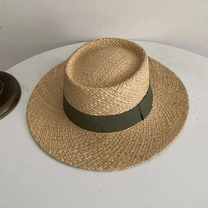 KIMLUD, Wide Brim Straw Fedora Hat Ribbon Band Beach Hats Women Straw Woven Sun Hats Summer Holidaty Panama Hat, Green, KIMLUD Womens Clothes