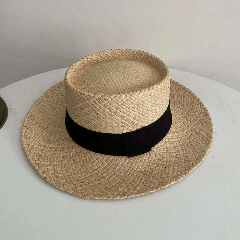 KIMLUD, Wide Brim Straw Fedora Hat Ribbon Band Beach Hats Women Straw Woven Sun Hats Summer Holidaty Panama Hat, Black, KIMLUD Womens Clothes