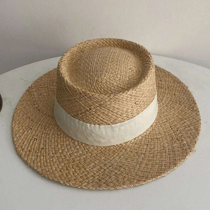 KIMLUD, Wide Brim Straw Fedora Hat Ribbon Band Beach Hats Women Straw Woven Sun Hats Summer Holidaty Panama Hat, White, KIMLUD Womens Clothes
