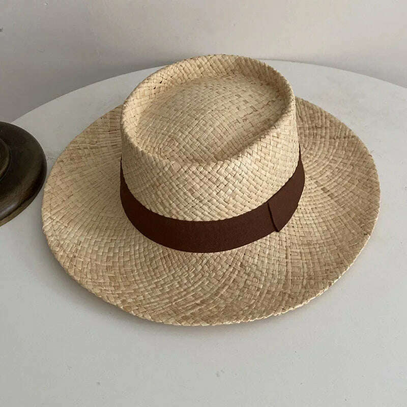 KIMLUD, Wide Brim Straw Fedora Hat Ribbon Band Beach Hats Women Straw Woven Sun Hats Summer Holidaty Panama Hat, Coffee, KIMLUD Womens Clothes