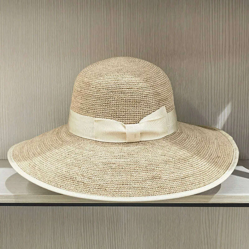 KIMLUD, Wide Brim Summer Hats Elegant Raffia Straw Hats with Bowknot Women Sun Hat Female Hat, KIMLUD Womens Clothes