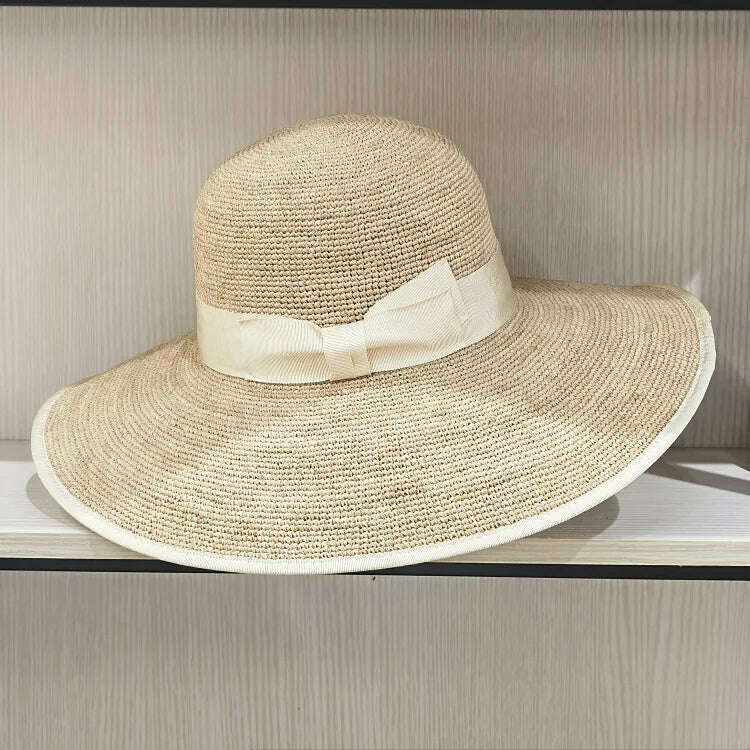 KIMLUD, Wide Brim Summer Hats Elegant Raffia Straw Hats with Bowknot Women Sun Hat Female Hat, WHITE, KIMLUD Womens Clothes