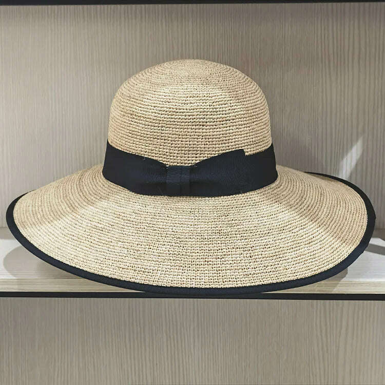 KIMLUD, Wide Brim Summer Hats Elegant Raffia Straw Hats with Bowknot Women Sun Hat Female Hat, Black, KIMLUD Womens Clothes