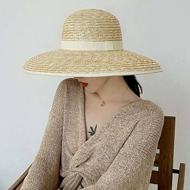Wide brimmed Straw Hat BOW STRAW SUN HAT Dome Fedora Hat For Women Beach Hats Ladies Black Summer UV Hats Travel Outdoor Hat - KIMLUD
