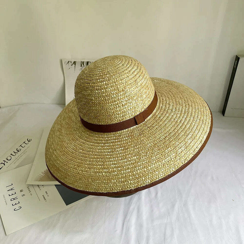 Wide brimmed Straw Hat BOW STRAW SUN HAT Dome Fedora Hat For Women Beach Hats Ladies Black Summer UV Hats Travel Outdoor Hat, Coffee Covered edge, KIMLUD Women's Clothes