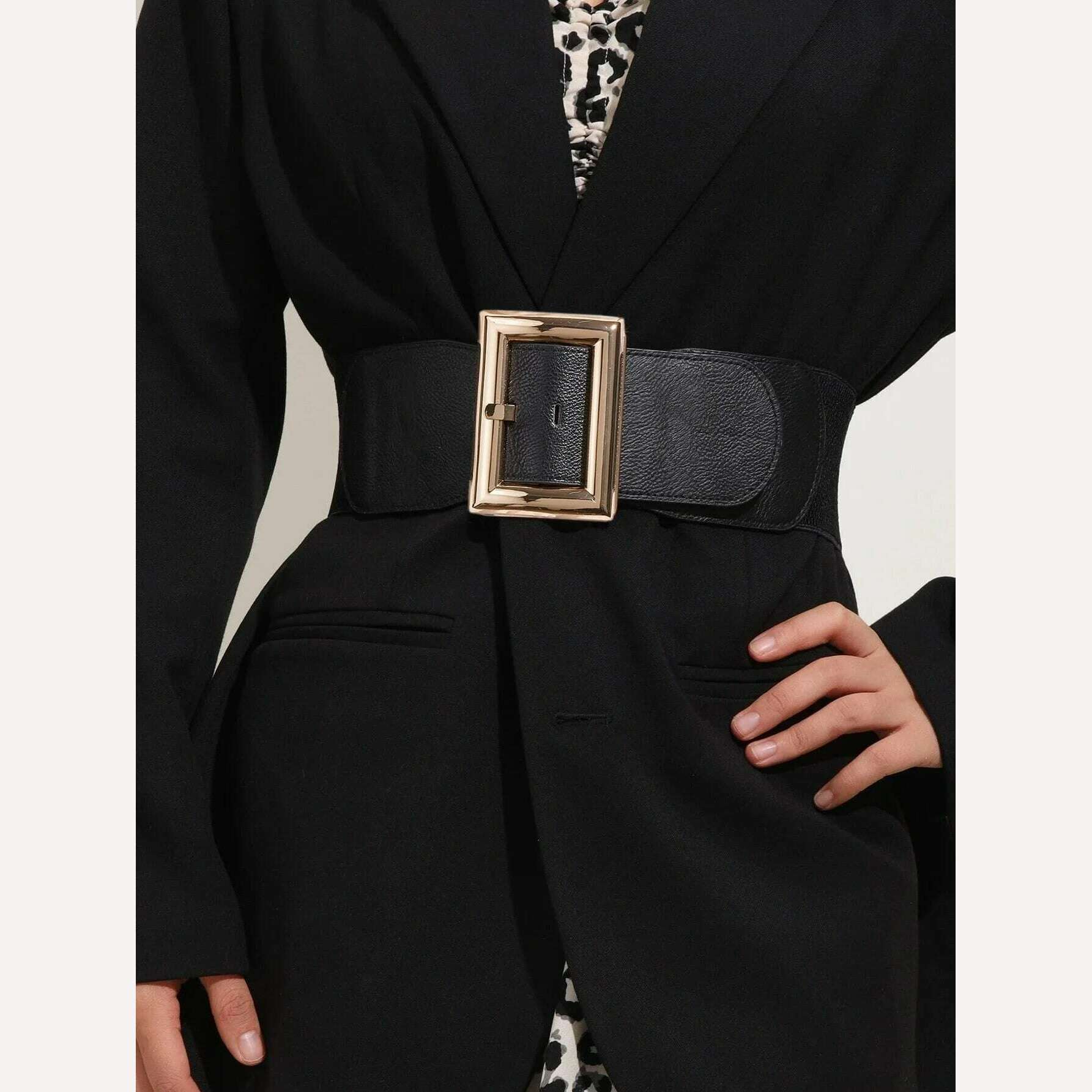 Wide Square Buckle Women's Elastic Waist Belt To Match Loose Fit Dresses, Coats, Sweaters, Trousers, Skirts - KIMLUD