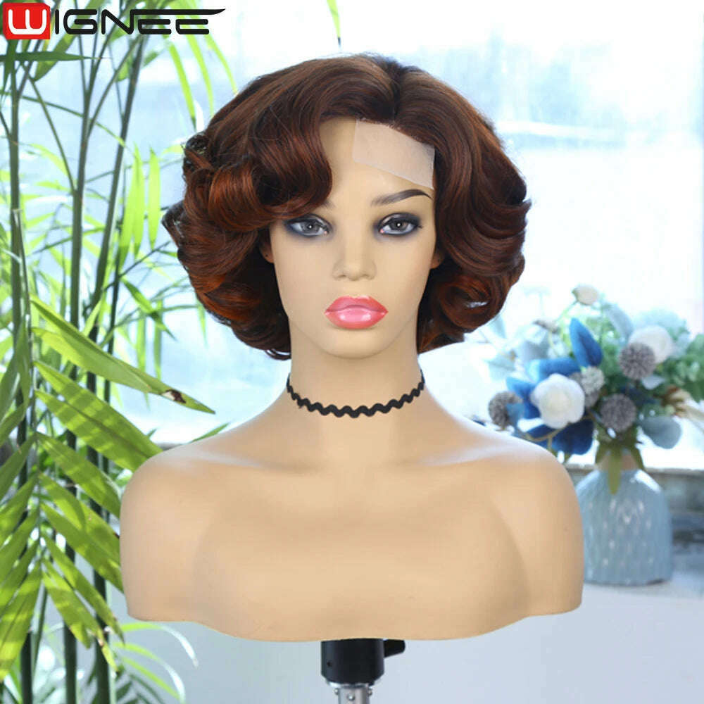 Wignee Body Wave Short Wig Brown Color Synthetic Hair Wigs For Women Side Part Wigs On Sale Clearance Cosplay Wig Daily Use - KIMLUD
