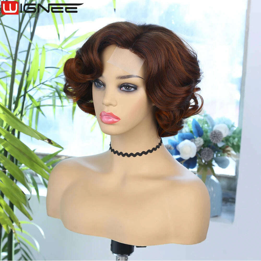 Wignee Body Wave Short Wig Brown Color Synthetic Hair Wigs For Women Side Part Wigs On Sale Clearance Cosplay Wig Daily Use - KIMLUD