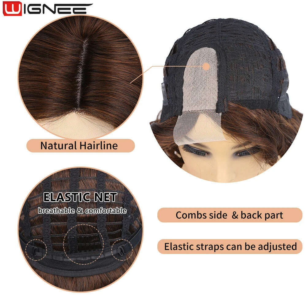 Wignee Body Wave Short Wig Brown Color Synthetic Hair Wigs For Women Side Part Wigs On Sale Clearance Cosplay Wig Daily Use - KIMLUD
