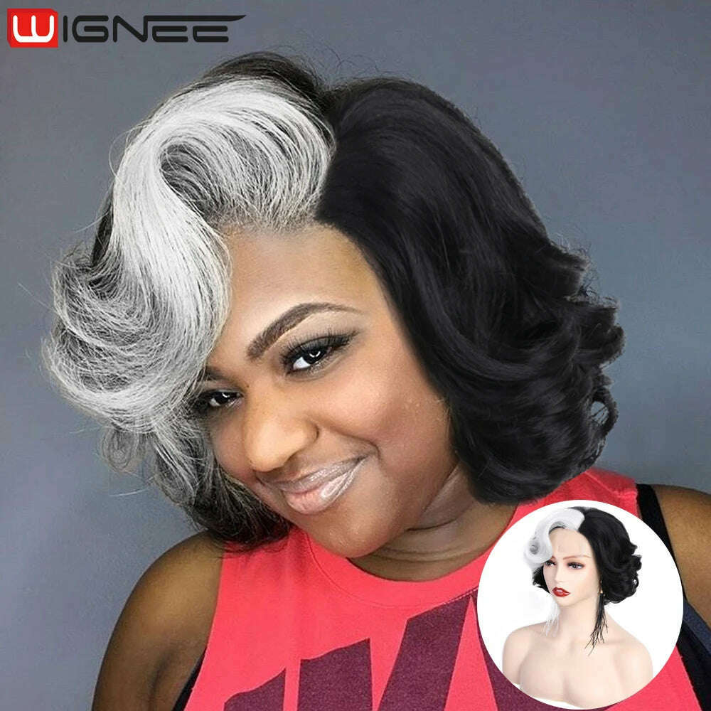 KIMLUD, Wignee Body Wave Short Wig Brown Color Synthetic Hair Wigs For Women Side Part Wigs On Sale Clearance Cosplay Wig Daily Use, White Black / CHINA / 12INCHES, KIMLUD Womens Clothes