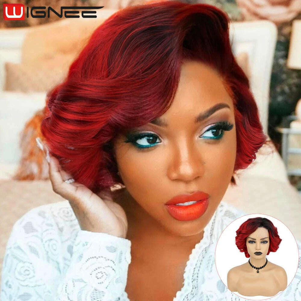 KIMLUD, Wignee Body Wave Short Wig Brown Color Synthetic Hair Wigs For Women Side Part Wigs On Sale Clearance Cosplay Wig Daily Use, 1B Red / CHINA / 12INCHES, KIMLUD Womens Clothes
