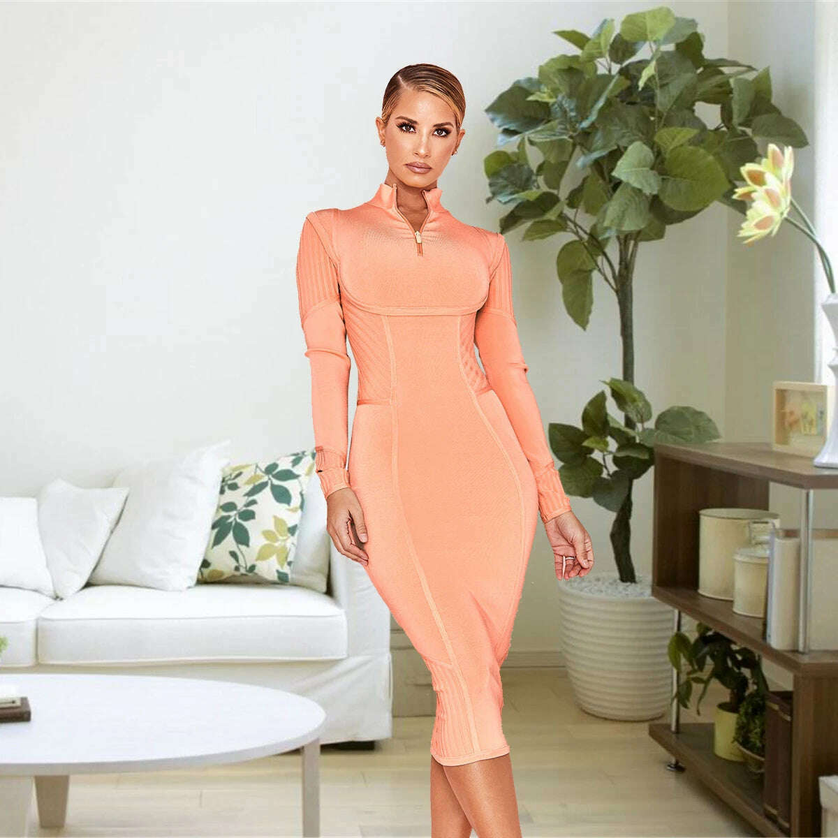 WillBeNice 2023 Orange Sexy Winter Bandage Dress Women Long Sleeve Bodycon high neck Dress Club Bodycon Cocktail Party Dress - KIMLUD
