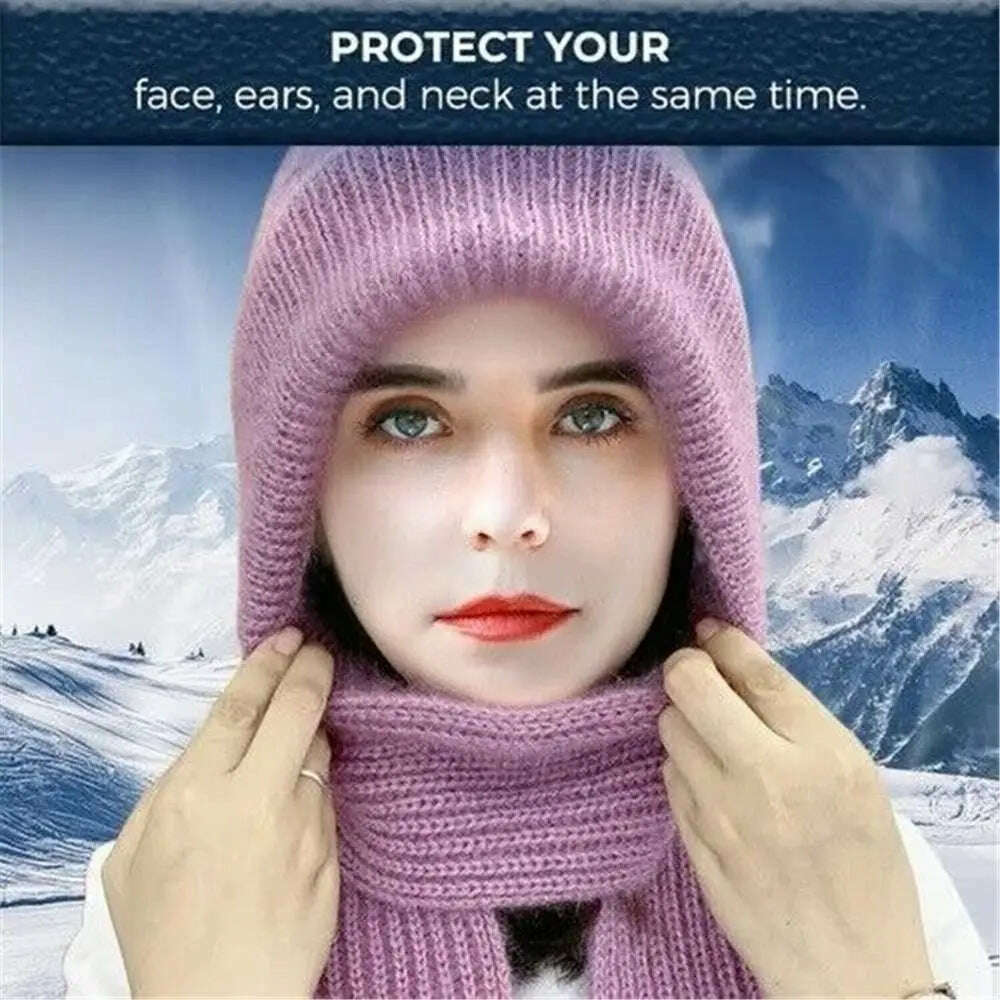 KIMLUD, Windproof Integrated Cap Scarf Winter Thickening Knitted Ear Protection Cap Soft Casual Neck Warmer Women, KIMLUD Womens Clothes
