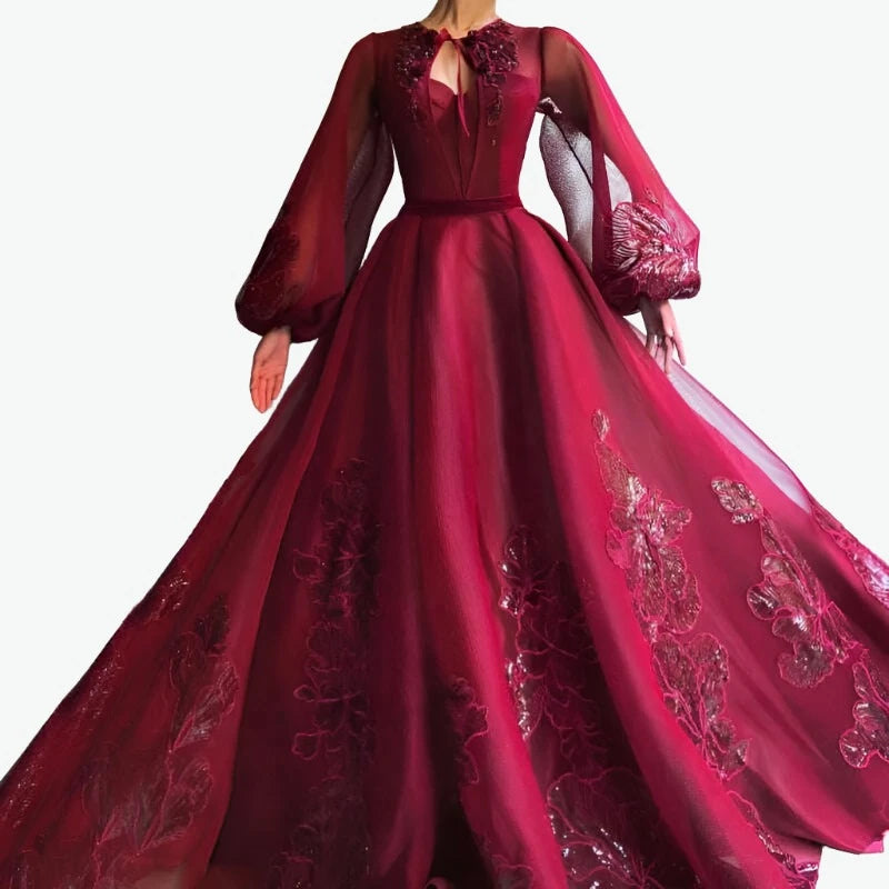 KIMLUD, Wine Red Long Sleeve Sexy Evening Dresses 2023 Handmade Flowers Sequined Tulle Long Evening Gowns Serene Hill BLA60810, KIMLUD Womens Clothes